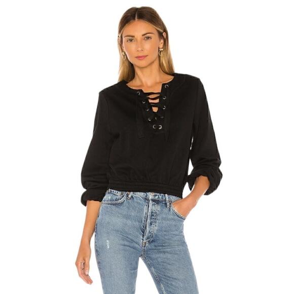 Tularose Black Balloon Sleeve Lace Up V-Neck Cotton Blend Faye Sweatshirt Sz S - Picture 1 of 8
